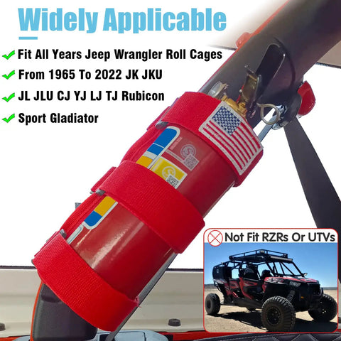 Jeep Roll Bar Fire Extinguisher Mount Holder With Heavy Duty Adjustable Nylon Straps Fits Wrangler CJ YJ TJ LJ JK JKU JL JLU All Years Red With USA Flag Pattern Secure Hold