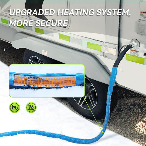 RVMATE heated RV water hose installed on trailer, blue insulated 35ft hose with thermostat