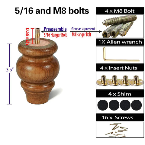 8 Inch Black Wood Furniture Legs For Sofa Couch Chair Bed Dresser And Cabinet Beefy Solid Eucalyptus Wood Replacement Feet With Easy Install Sturdy Turned Legs For Height Boost set, including bolts and accessories.