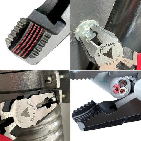 Close-up of 2 Piece Stripped Screw Extractor Pliers Set With 8 Inch Linesman Pliers And 6.25 Inch Combination Pliers High Carbon Steel Made In Japan Screw Removal Tool in use on screws and wires.