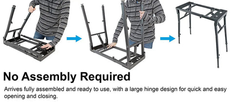 Person folding adjustable platform keyboard stand with steel frame and foam pads, height 25 to 33 in, width 28.1 to 43 in, swivel feet.