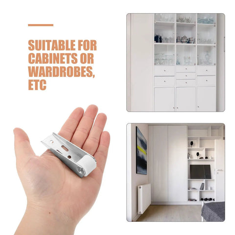 12 Piece Sliding Cabinet Door Rollers With Silent Nylon Wheels And Heavy Duty Steel Design For Rolls Like Butter held in hand with wardrobe background.