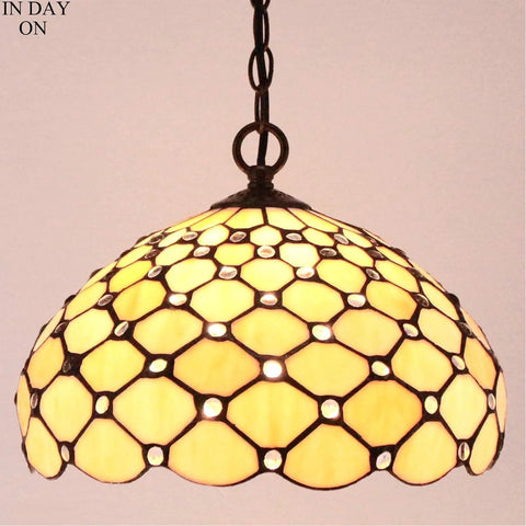 Tiffany Style Cream Amber Bead Stained Glass Pendant Light Fixture, 12 Inch Wide Shade, chain detail, S005 Series