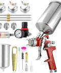 Built Tough HVLP Gravity Feed Spray Paint Gun With Swap Out Nozzle Pack And Easy Turn Air Regulator arranged with accessories and parts.
