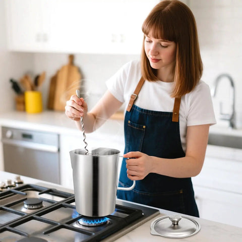 Person using Barista Grade Stainless Steel Pitcher With Lid 79oz 2.3L for frothing milk on stove in kitchen