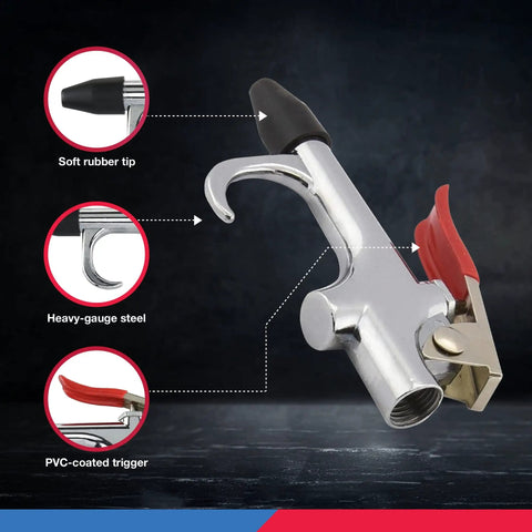 Air Blow Gun Nozzle Kit With Five Interchangeable Nozzles For Compressors, highlighting rubber tip, steel body, PVC trigger