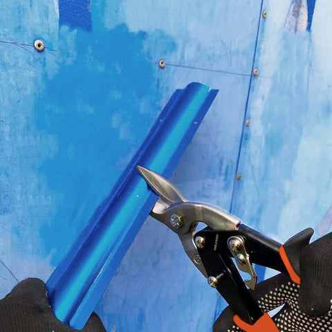 Heavy Duty 12 Inch Aviation Tin Snips With Forged Blade cutting sheet metal in use, gloves on hands