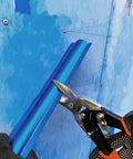 4 Piece Tin Snips Set For Cutting Metal Sheets With Aviation Snips cutting blue metal with heavy duty forged blade.