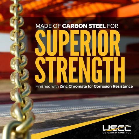 Close-up of Grade 70 Steel Chain 3/8 Inch X 400 Feet Bulk Spool Built Like A Tank For Flatbed Truck Hauling And Cargo Securing With 6600 Pounds Working Load Limit Made Right Here Usa showing carbon steel.