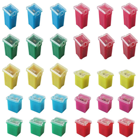 Color-coded fuses from All-In-One Car Fuse Kit 20-60A Assortment With Tall, Standard And Low-Profile Box Fuses For Cars, Trucks, RVs And SUVs