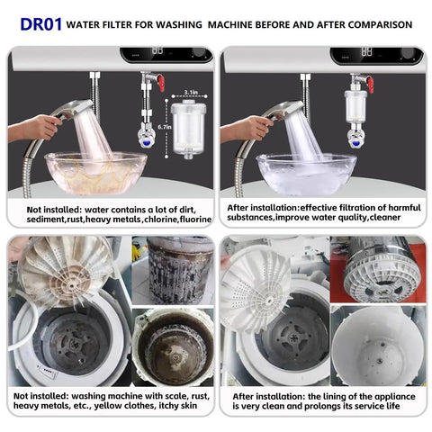 1 Micron High Density Washing Machine Water Filter System before and after comparison, showing filtration effectiveness