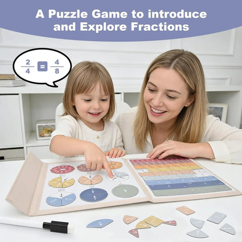 Child and adult learning fractions with Hands On Fraction Learning Puzzle Set With Magnetic Tiles And Fraction Circles For Kids