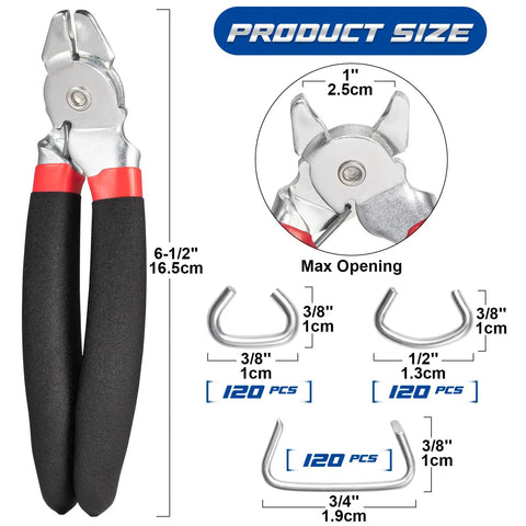 Angled Hog Ring Pliers Kit With 360 Pcs Hog Rings In 3/4 1/2 And 3/8 Inch Galvanized Steel Spring Loaded A3 For Upholstery Fencing