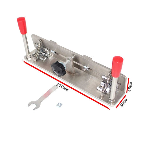 Rock Solid Knife Jig For Belt Grinder Sharpening With Double Arm Grip And Rust Proof Stainless Steel Build To Nail Edge Angles Every Time On Any Belt Sander Or Belt Machine For Fast Blade Prep Ready, side view with measurements.