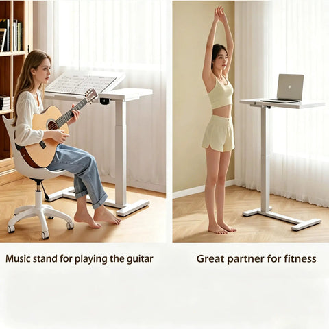 Stylish Electric Height Adjustable Mobile Overbed Side Table With Quiet Lifting Motor, Digital LED Display, Hidden Rolling Wheels, And Sleek Design For Ultimate Comfort And Versatile Usage In Any Bedroom Or Home Office Setup Today, featuring a music stand and fitness use.