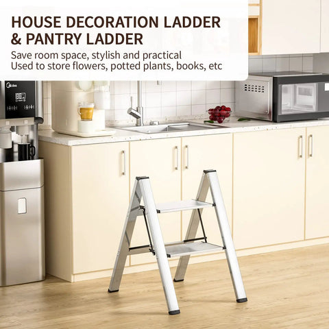 Two Step Folding Ladder With Anti Slip Wide Pedals in kitchen setting near cabinets and appliances