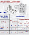 12 Way Battery Terminal Block And Bus Bar With Multi Size Connectors For Lithium Or Lead Acid Banks featuring various sizes application and connectors.