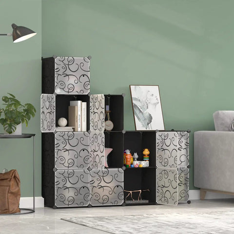 Cube Storage Organizer With Doors 12 Cube Plastic Shelving Unit For Living Room Bedroom And Office Black Easy Assembly And Complete Parts Included Durable Space Saving Multi Use Storage Solution with decor items