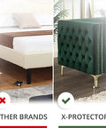 Comparison of a bed with and without 4 Pack 1.7 Inch Caster Cups With Lined Furniture Coasters, No Slip Rubber Pads, Bed Stopper Protectors.