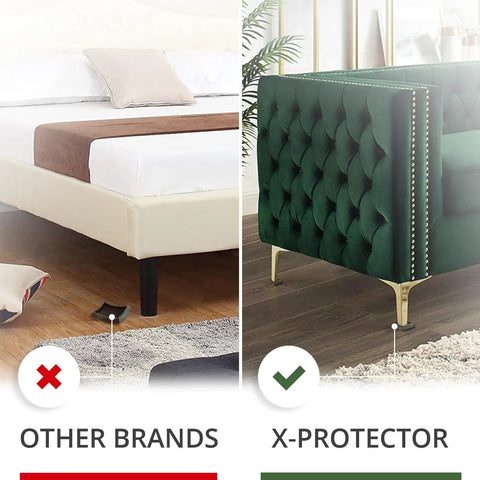 Comparison of a bed with and without 4 Pack 1.7 Inch Caster Cups With Lined Furniture Coasters, No Slip Rubber Pads, Bed Stopper Protectors.