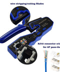 All In One Ethernet Crimping Tool For Pass Through Cat5e Cat6 Cat6a Connectors With Built In Cable Tester shown with wire stripping blades