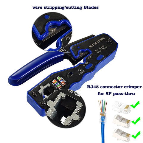 All In One Ethernet Crimping Tool For Pass Through Cat5e Cat6 Cat6a Connectors With Built In Cable Tester shown with wire stripping blades