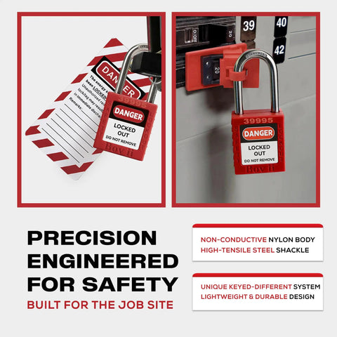 Lockout Tagout Kit With 50 Red Safety Padlocks And Tags Keyed Differently Two Keys Per Lock shown installed on a panel