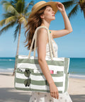 Woman with Ultra Large Canvas Beach Tote For Women, Zippered, Waterproof And Sandproof, Foldable Swim Pool Bag With Seven Pockets by the beach