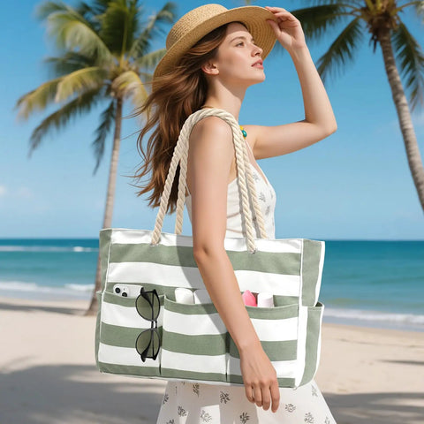 Woman with Ultra Large Canvas Beach Tote For Women, Zippered, Waterproof And Sandproof, Foldable Swim Pool Bag With Seven Pockets by the beach