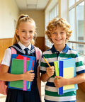 Two children holding notebooks with 36 Pack 12 Inch Multicolor Plastic Rulers Bulk Set Clear Metric Rulers in a school hallway