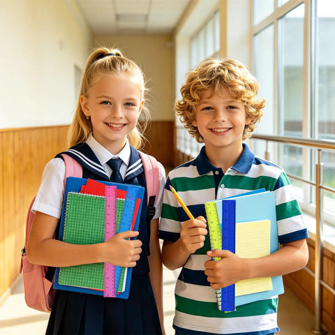 Two children holding notebooks with 36 Pack 12 Inch Multicolor Plastic Rulers Bulk Set Clear Metric Rulers in a school hallway