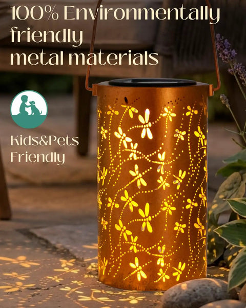 Dragonfly Solar Lantern Outdoor Decor For Patio And Garden, Waterproof Metal Hanging Light With LED Warm Glow, lit on patio