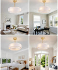 XINGSIYUELYX Gold Ceiling Fan in modern living room above a coffee table, featuring a gold finish and white shades.