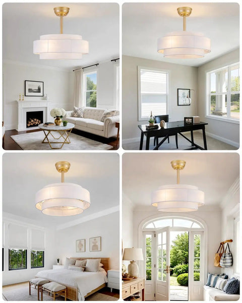XINGSIYUELYX Gold Ceiling Fan in modern living room above a coffee table, featuring a gold finish and white shades.