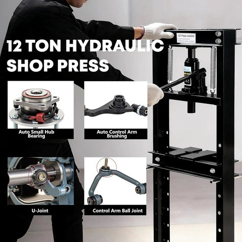 12 Ton Hydraulic H Frame Shop Press With Rugged Steel Assembly and Smooth Action Adjustable Table in use for auto repair.