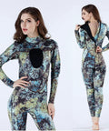 Person wearing Dope 3mm Camo Neoprene Wetsuit For Men And Women Unisex OnePiece Dive Skin, front and back view with zipper