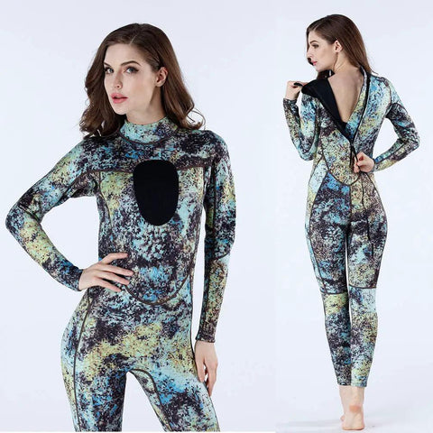 Person wearing Dope 3mm Camo Neoprene Wetsuit For Men And Women Unisex OnePiece Dive Skin, front and back view with zipper