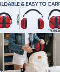 Adult Noise Canceling Earmuffs With 26dB NRR For Hearing Protection, foldable red earmuffs shown with backpack for easy carrying