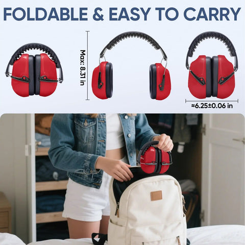 Adult Noise Canceling Earmuffs With 26dB NRR For Hearing Protection, foldable red earmuffs shown with backpack for easy carrying