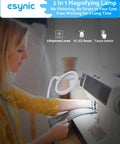 Woman using Go To Lighted Desk Magnifier With Clamp And Heavy Base, USB C Rechargeable, 5X And 10X Magnification for sewing