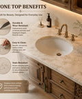 Top Shelf 76 Inch Freestanding Double Sink Bathroom Vanity Featuring Wide Mirror Medicine Cabinet Polished Marble Tops Rustic Wood Carving Details And Serious Storage with stone top benefits.