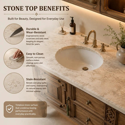 Top Shelf 76 Inch Freestanding Double Sink Bathroom Vanity Featuring Wide Mirror Medicine Cabinet Polished Marble Tops Rustic Wood Carving Details And Serious Storage with stone top benefits.