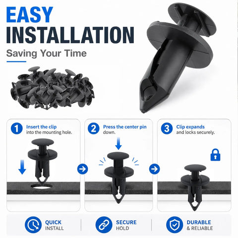 Rock Solid Hella Tough 100PCS UTV ATV Fender Clips Push Pin Body Fastener Rivets Universal 8MM Heavy Duty Nylon installation guide.