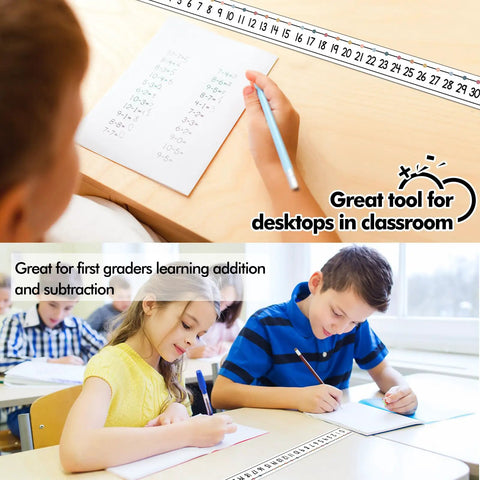 Children using the 48 Piece Laminated Number Line Set 0 To 30 For Student Desks Classroom Math Decor Boho Style Counting Practice Strips