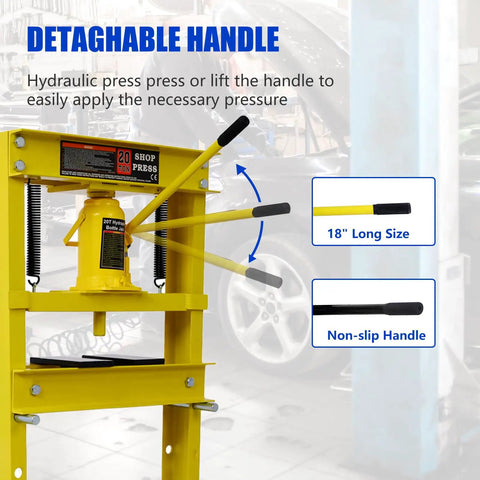 Detachable handle of Badass 20 Ton Hydraulic Shop Press Hella Sturdy H Frame Build with 18" length for easy pressure application.