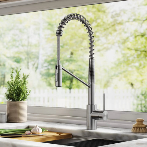 Oletto Commercial Style Pull Down Kitchen Faucet With QuickDock Top Mount, Spot Free Stainless Steel, single handle, 360 swivel