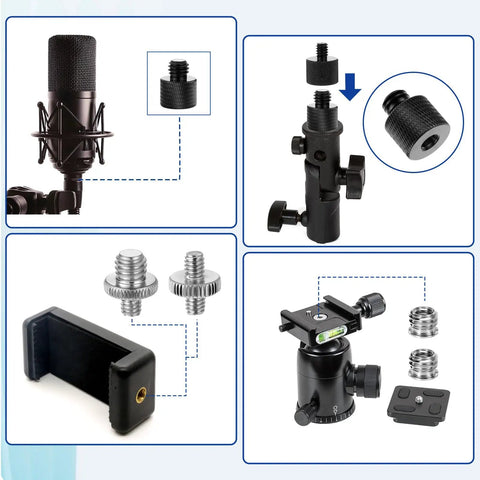 Image showing 6 Piece Hella Solid Aluminum Threaded Converter Kit Quick Swap 1/4 Male To 3/8 Female and 3/8 Male to 1/4 Female adapters with use examples.