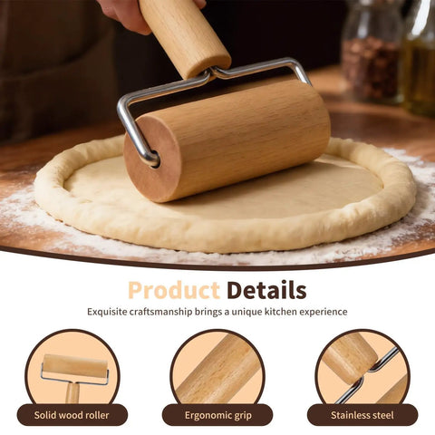 Using the Mini Wooden Rolling Pin For Dough With Double Handles Nonstick Pizza Roller to roll out dough on a floured surface.