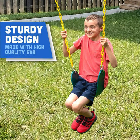 Child using Heavy Duty Strap Swing Seat With Carabiners For Easy Install, Replacement Swing Seat For Outdoor Playsets And Jungle Gyms, Green.