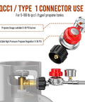 Adjustable 0 to 30 PSI Propane Regulator With Gauge And Stainless QCC1 Hose 5 Feet Length Three Eighths Flare To One Eighth MNPT Fittings